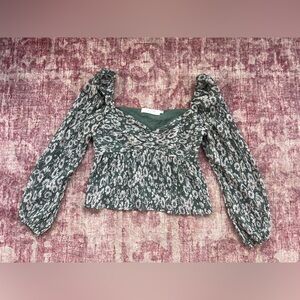Astr Green and White Puff Sleeve Blouse with Ruched Details